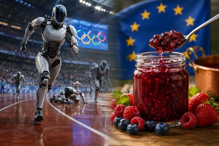 Kuvituskuva: juokseva humanoidirobotti stadionilla ja hillopurkki EU-lipun edess&auml;