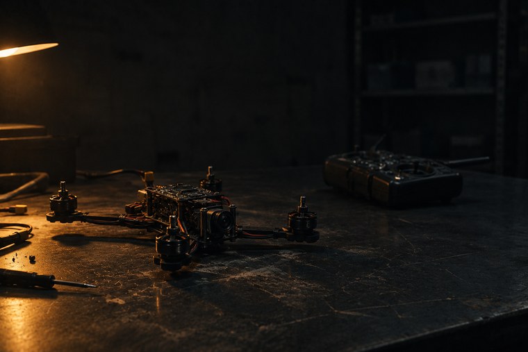 Illustration: a small unfinished drone on a workbench, its circuit board and camera visible without a casing, the remote control switched off further along the bench